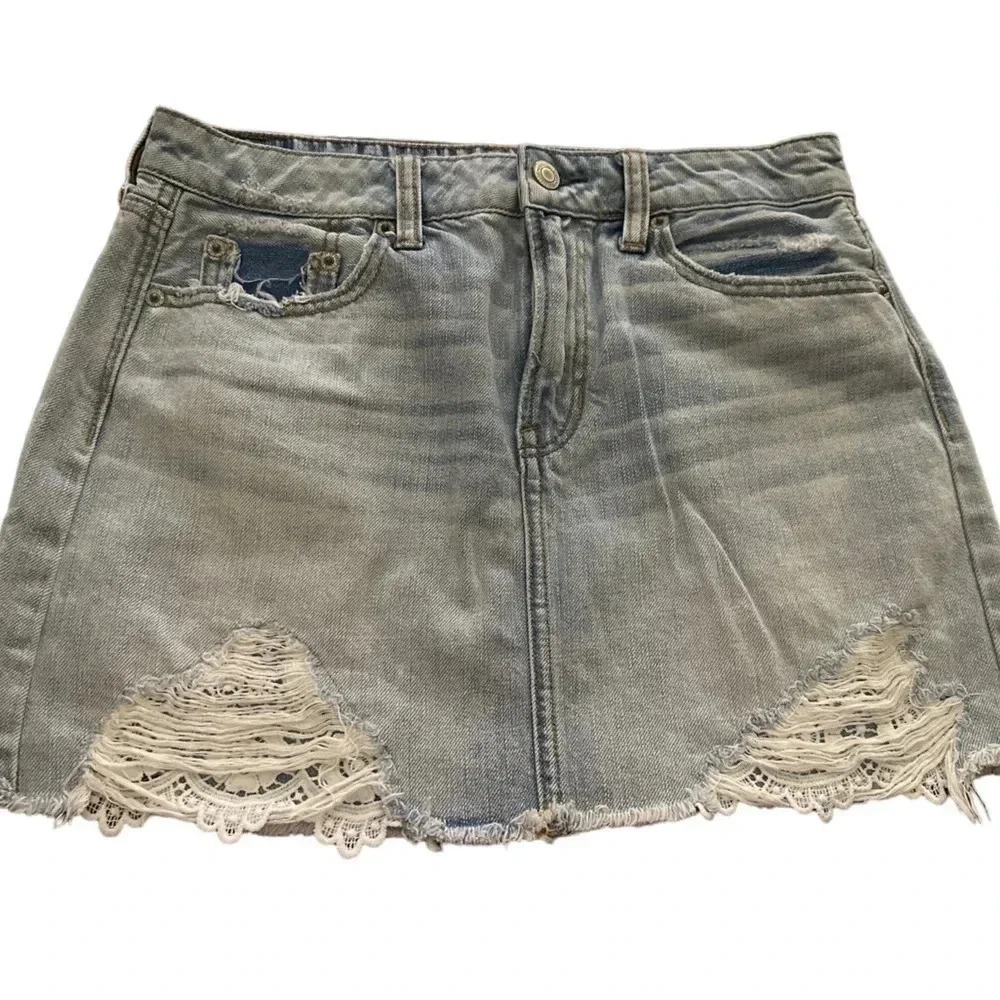 American Eagle denim mini skirt with peekaboo lace